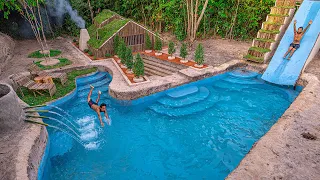 90 Days Build Underground Hut with Grass Roof and Swimming Pool with Waterslide