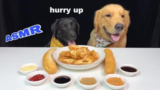 Golden and Labrador puppies happily review bread with different sauces
