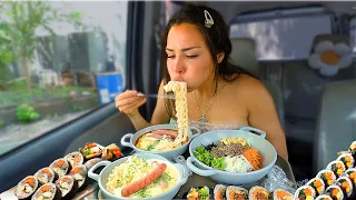Real Mukbang Lots of Kimbap, Creamy Tteokbokki, Crunchy Sides, Spicy Tteokbokki, Bibimbap ASMR 먹방