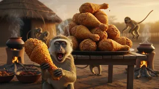 Miniature Brown Vervet Monkey Cooking Hundreds of KFC Chicken Legs 