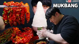 ASMR 밥 적당히 조금 (쌓는모습공개) & 양념게장 & 간장게장 & 양념새우장 & 간장새우장 & 파김치 먹방 EVEREST MOUNTAIN RICE & KIMCHI MUKBANG