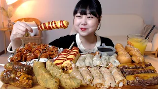 오일장 간식 털어 왔어요! 닭강정 김말이튀김 새우만두 꽈배기 호박찰떡 튀김 핫바 Korean street food Chicken dumplings koreanfood mukbang