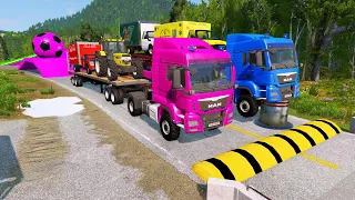 Double Flatbed Trailer Truck vs Speedbumps Train vs Cars Beamng.Drive 96