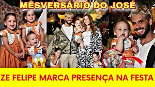 Zé Felipe marcou presença na festa de mesversário do filho e ficou distanciado. 