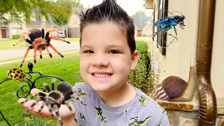 MORNING BUG HUNT BEFORE SCHOOL ROUTINE! Caleb and Mommy Find Spiders, Worms, BUGS in BACKYARD!