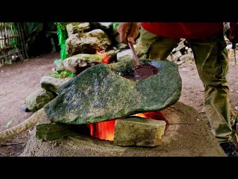 Mint and blackberry sauce in a stone pot at my bushcraft camp