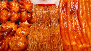 ASMR Spicy Enoki Mushroom, Noodles tteokbokki Mukbang eating show (No Talking)ㅣ팽이버섯, 누들떡 먹방ㅣRED ASMR