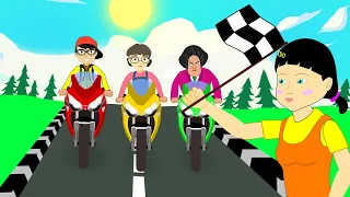 Scary Teacher vs Squid Game Moto Bike Racing Challenge Nick, Tani & Granny