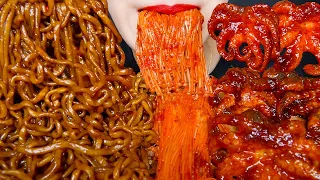 ASMR Black Bean Noodles, Webfoot Octopus Mukbang eating show (No Talking)ㅣ짜파게티, 매운 쭈꾸미 먹방ㅣRED ASMR