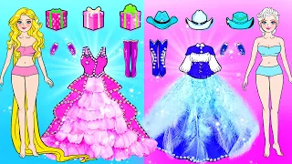 Học Làm Búp Bê Giấy - Rapunzel và Elsa Trang Trí Váy Dạ Hội Hồng Xanh - Câu Chuyện Của Barbie
