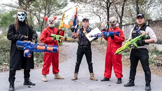 [ 1 Hour Nerf War ] Couple SEAL MARINES Nerf Guns Fight Crime RED SATAN Mask
