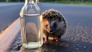 Man finds hedgehog walking on hot road and gets it some water to drink.