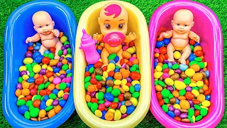 Full of 3 Rainbow BathTubs Candy with M&M's & Magic Slime | Cutting Video