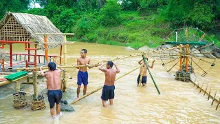 Build Bamboo House On The Water To Catch Fish With Big Swimming Pool - Full Video