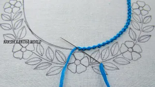 Wow! it's so cute floral neckline embroidery for kurti| New hand embroidery neck design tutorial