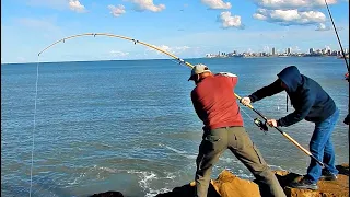 PESCADOR NECESITA AYUDA PARA LEVANTAR GRAN PESCADO ENTRE LAS PIEDRAS