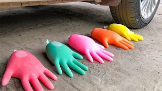 Aplastando cosas crujientes y suaves! Coca cola, cerveza, colores de guantes vs rueda de coche