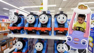 Lil Jaz and Dad Shopping in a toy store and Thomas train. Funny Video for Kids.