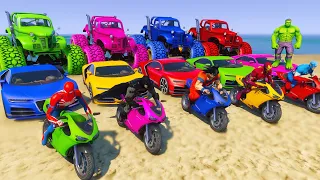 SPIDERMAN Cars Challenge on TRIPLE Ramp Lake ! SUPERHERO Monster Trucks Luxury Cars - GTA 5