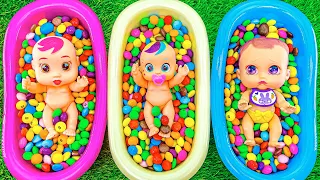 New Satisfying ASMR l Rainbow Candy Mixing in 3 Bathtubs with Magic Milk Bottle Slime Cutting M&M's