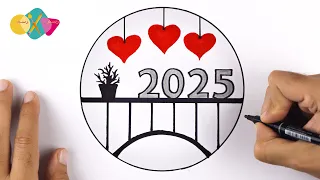 Happy new year drawing 2025 /New year drawing/Happy New year scenery drawing/2025 drawing easy