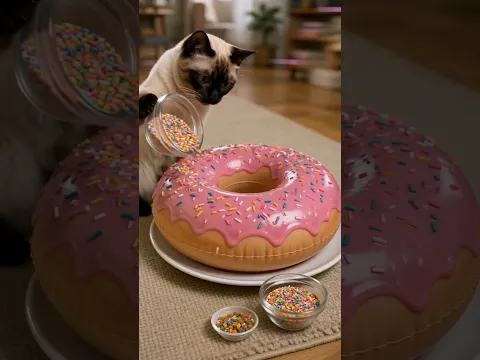 مقلب مضحك بين قطة وكلب: دونات عملاقة على شكل بالون 🍩🐱🐶