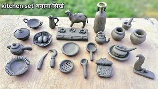 How to make miniature kitchen set mitti/amazing  kitchen set with clay☕️new design kitchen set video