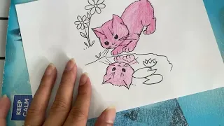 Instructions on how to color a picture of a cat by the lake in pink tones