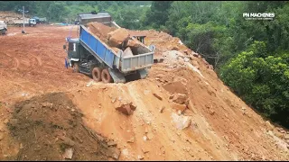 Technique Skills 10 Wheels Trucks Unloading Stone On The Mountains & Dozer D37E Pushing