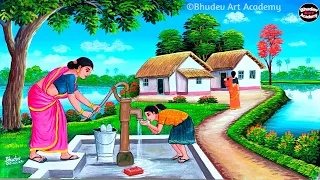 Beautiful Village Landscape Scenery Painting Tutorial|Village Scenery Painting With Earthwatercolor