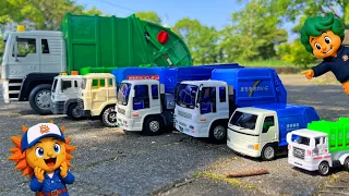 はたらく車が大集合★ゴミ収集車でかくれんぼ！何が出るかな？🚜