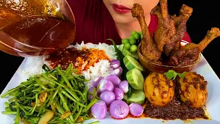 MUKBANG EATING||SPICY DUCK CURRY, DUCK EGG, STIR FRY GREEN AMARANTH LEAVES & WHITE RICE