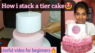 How to stack a two tier cake🤩 Perfect guidance for beginners🥳💝 ll #twotiercake #stacking #dhanucakes