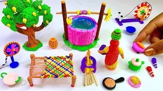 DIY How to make polymer clay miniature Water well, Kitchen set, Doll, Tree, Charpai | Village house