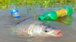 Amazing Fishing By Plastic Bottle Hook Trap | Smart Boys Catch Fish With Bottle Trap In Bill Water