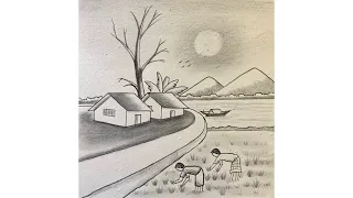 How to draw a simple landscape scenery step by step | village life art easy