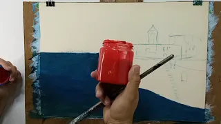 رسم بالسكين _ رسم سور عكا بألوان الاكريليك