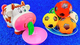 Satisfying Video l Make Magic Playdoh Rainbow Noddles with Color Soccer Balls Cow Cutting #71