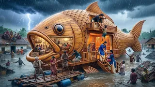 3 Sisters Build a Giant Floating Fish House During a Massive Flood! 🐟🌊