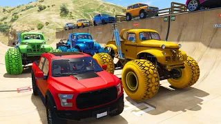 SPIDERMAN CARS Race Challenge on Race Track ! SUPERHERO HULK Goku FIRE Monster Trucks JEEP - GTA 5