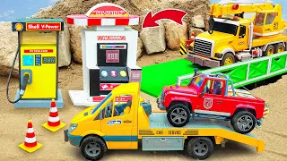 Crane Truck, Car Service Tow Truck and Red Jeep on Sand | Funny Toy Story