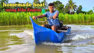 How to make Boat Using Plastic Barrels  and bike  Engine  ||Homemade Fiber Boat  #sujanexperiment