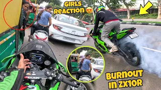 Burnout in Zx10r 🤩Girls Reaction 😍on my Zx10r || training back work out 🏋️‍♀️