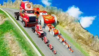 Big & Small Mcqueen with Monster Saw wheels vs Big & Small Mack Truck vs DOWN OF DEATH in BeamNG