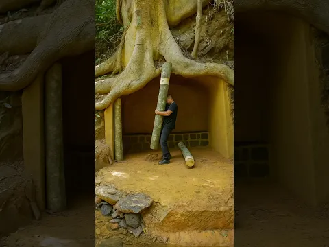 The man built a house under a giant tree. With great skills #bushcraft #survival #build #camping