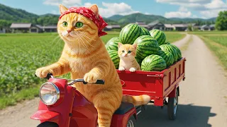 Mama Cat and Kitten harvest watermelons and rescue a mysterious lost piglet 🐾🍉🐷