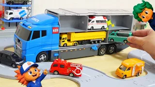 【おもちゃ】はたらく車がいっぱい★あおいコンボイに収納！🚚✨