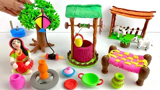 How to make air dry clay miniature village doll, tree, water well, charpai | DIY clay tutorial