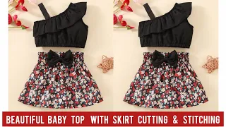 Asymmetrical Neck Ruffle Trim Baby Top With Frill Skirt Cutting and Stitching/3-5 Year Baby Dress