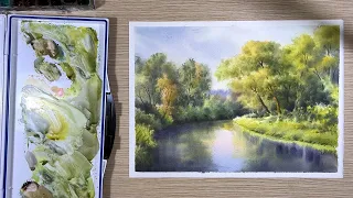 Watercolor Landscape Painting of Calm River